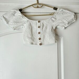 Simply Blessed Smocked Crop Top Womens Small White Linen Blend Festival Hippie